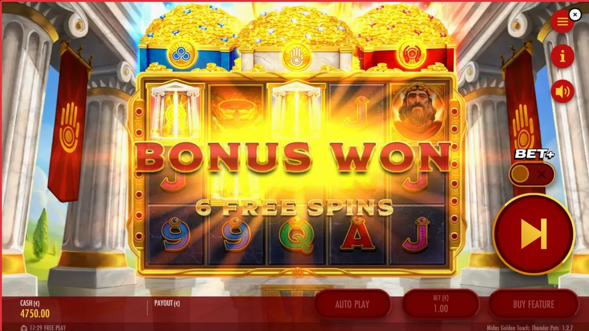 Tampilan visual slot Midas Golden Touch: Thunder Pots dengan tema mitologi Yunani dan peti emas.