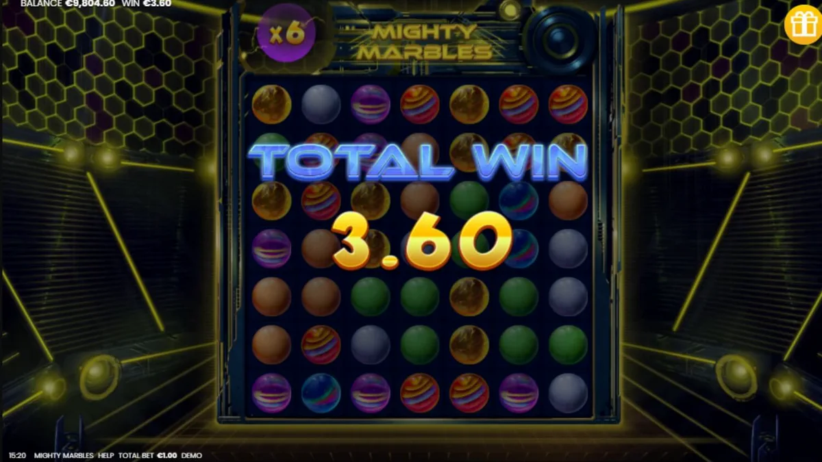 Mighty Marbles slot machine interface featuring neon cosmic marbles