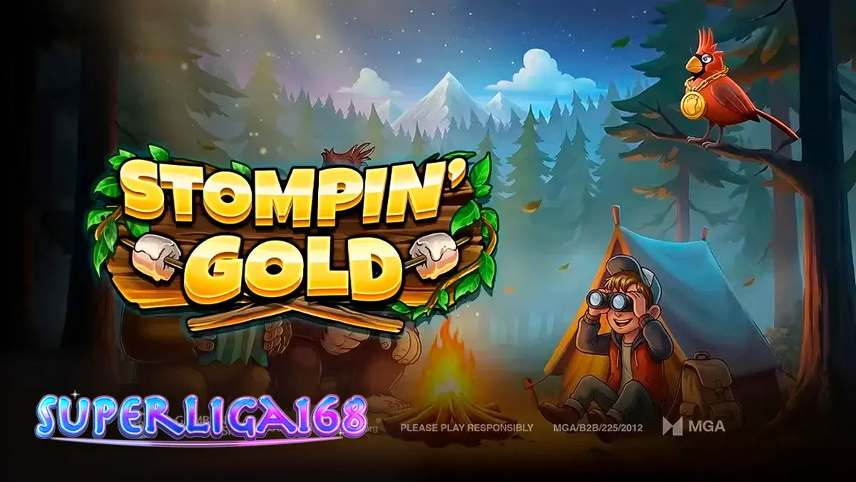 Pemandangan hutan berkabut dengan karakter Bigfoot yang lucu dalam slot Stompin Gold